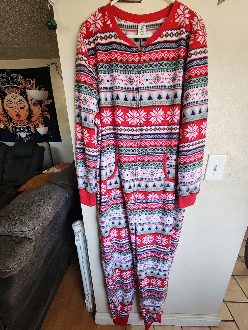Christmas Print Adult Onesie Pajama - Unisex - Fair Isle One-Piece Pajama Romper